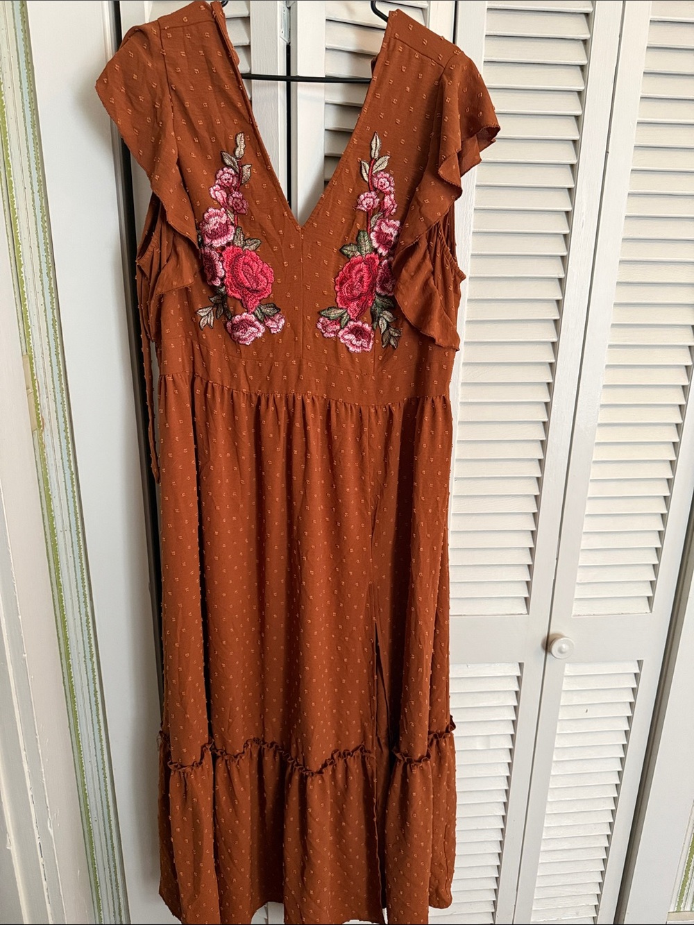 SHEIN Rust Floral Embroidered Ruffle Dress